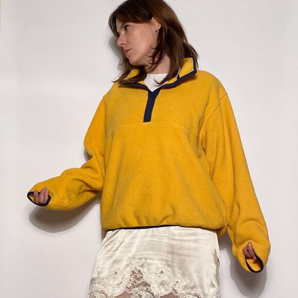 Vintage 1990s Gorpcore L.L.Bean Yellow & Navy Classic Fleece ANORAK Sweater! XL - Picture 6 of 10